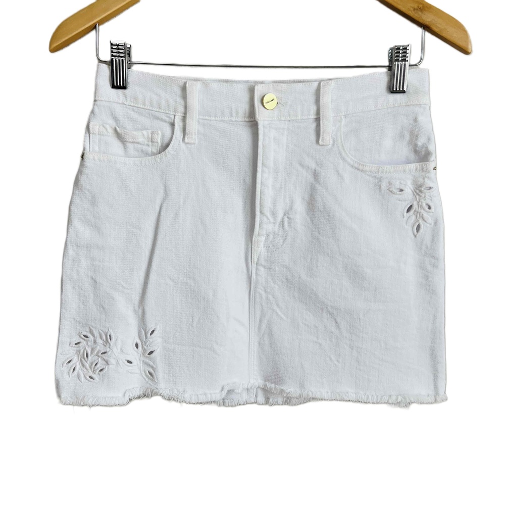 FRAME Foliage Embroidered White Mini‎ Denim Mini Skirt Pockets Zip Fly Size 24